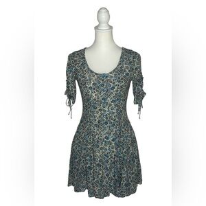 Free People Lace Up Blue Grey XS Floral Mini Dress Corset Fit EUC Milkmaid boho